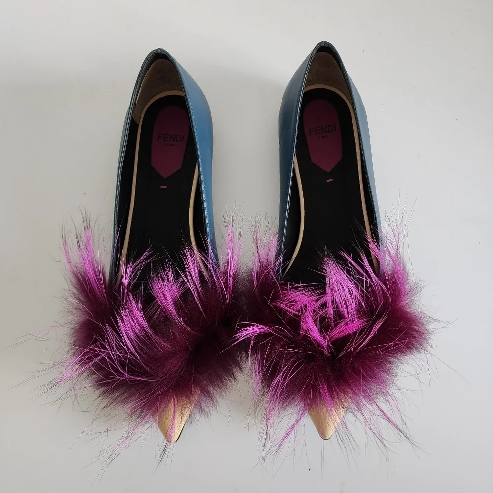 NEW Fendi Leather And Fur Monster Eye Pointed Toe Ballet Flats Size 38 - Picture 5 of 13